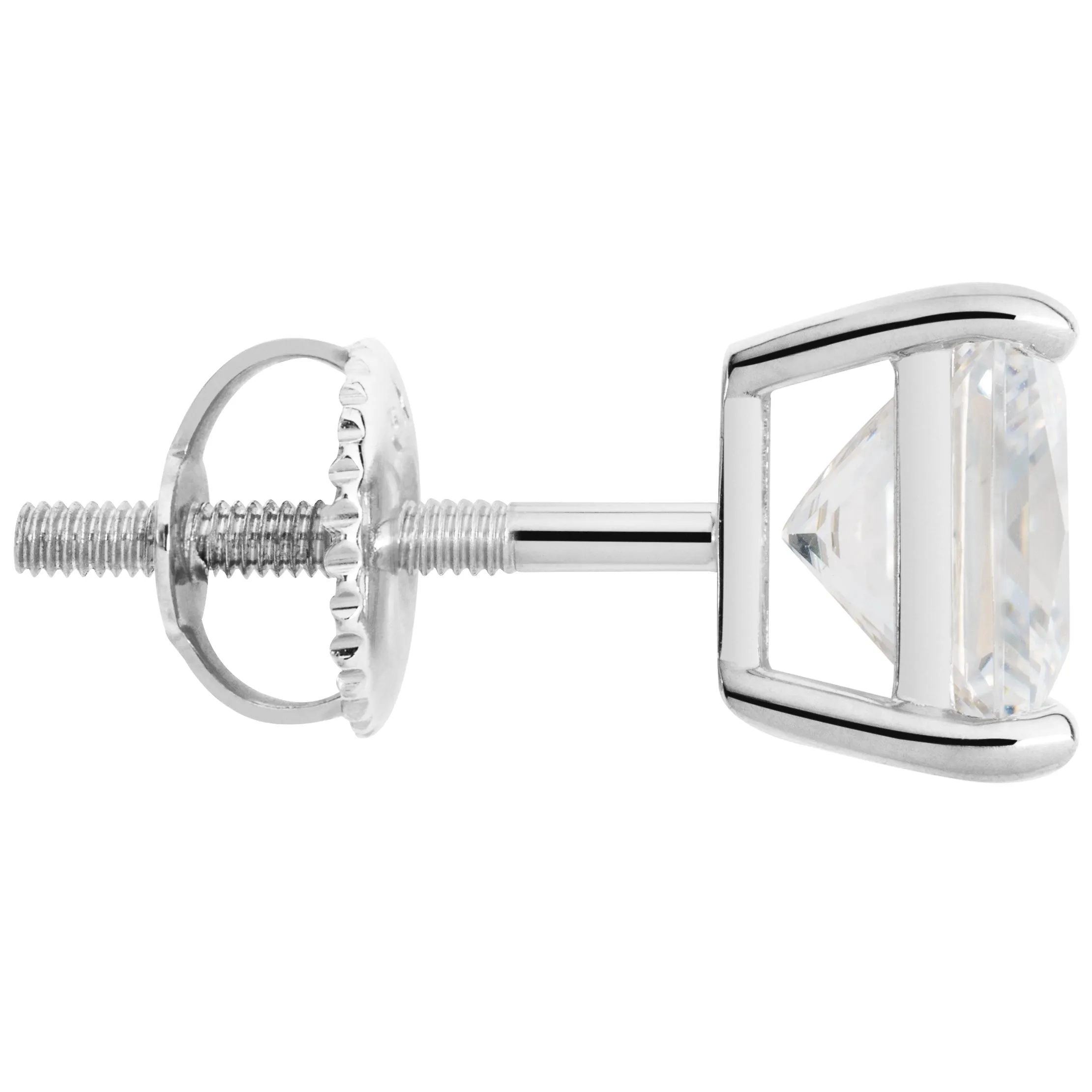 14K Solid White Gold Stud Earrings | Princess Cut Cubic Zirconia | Screw Back Posts | 3.0 CTW