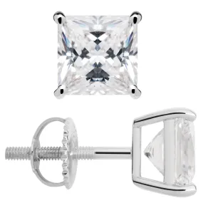 14K Solid White Gold Stud Earrings | Princess Cut Cubic Zirconia | Screw Back Posts | 3.0 CTW