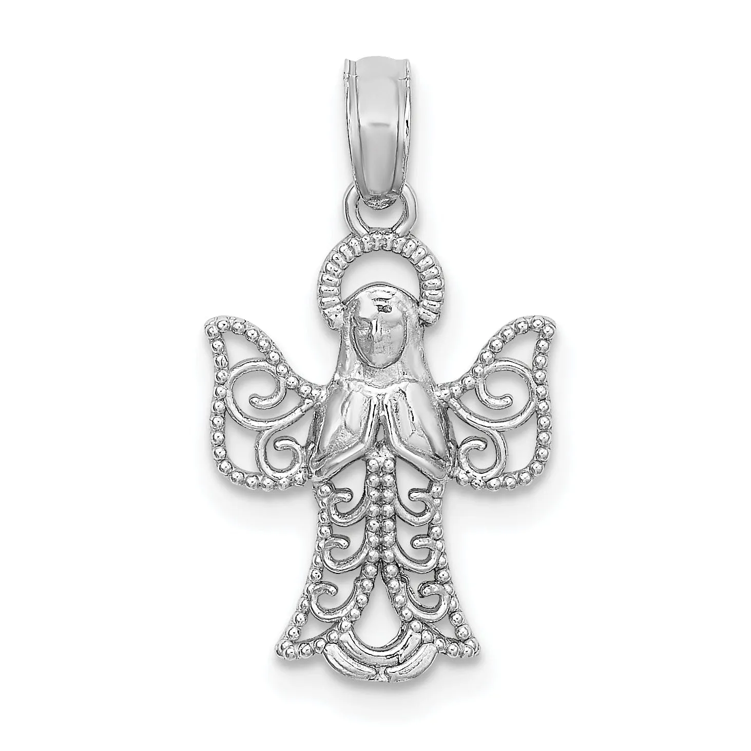 14k White Gold Polished Texture Finish Filigree Praying Angel Pendant