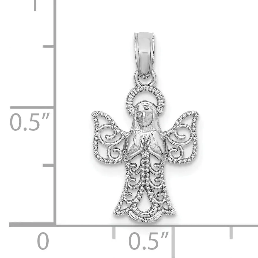 14k White Gold Polished Texture Finish Filigree Praying Angel Pendant