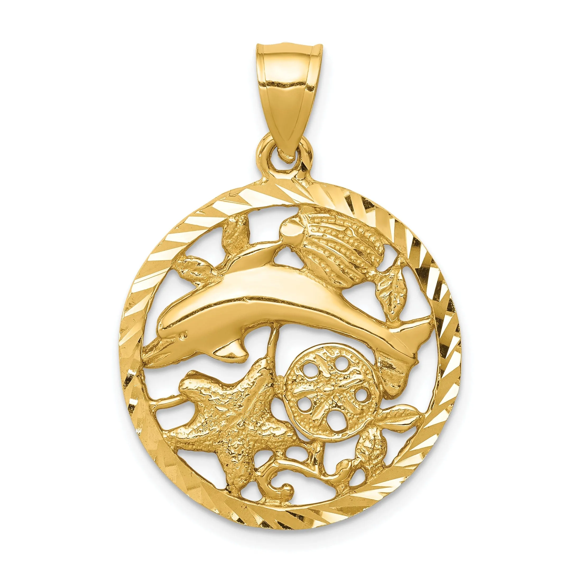 14k Yellow Gold Casted Solid Diamond-cut Dolphin and Shells Circle Polished Finish  Charm Pendant