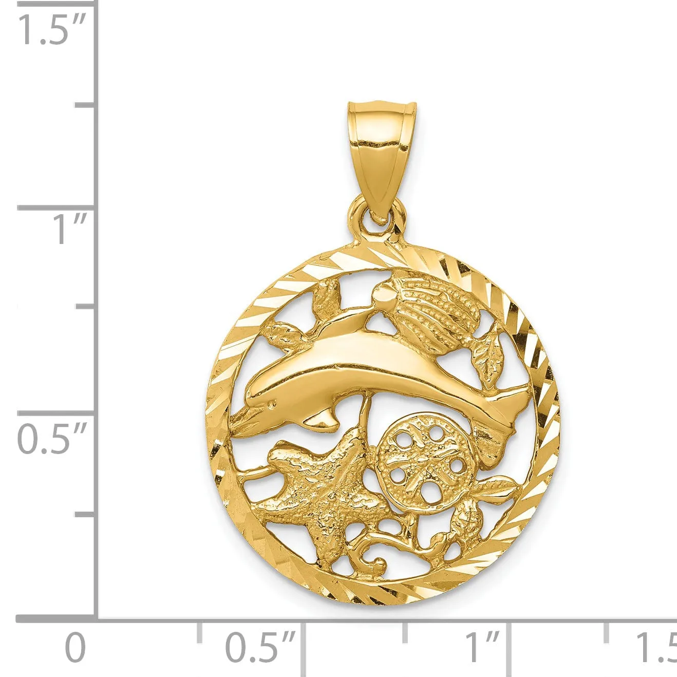 14k Yellow Gold Casted Solid Diamond-cut Dolphin and Shells Circle Polished Finish  Charm Pendant