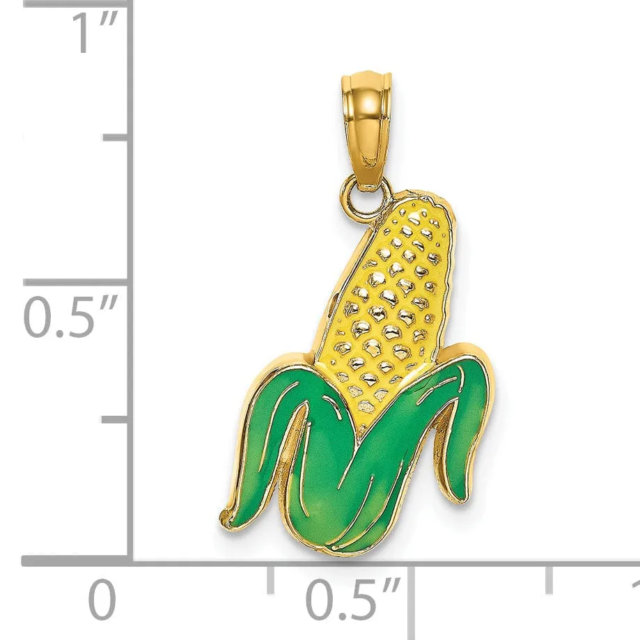 14K Yellow Gold Open Back Polished Yellow, Green Enamel Finish Corn with Peeled Husk Design Charm Pendant