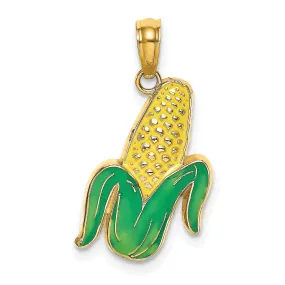 14K Yellow Gold Open Back Polished Yellow, Green Enamel Finish Corn with Peeled Husk Design Charm Pendant