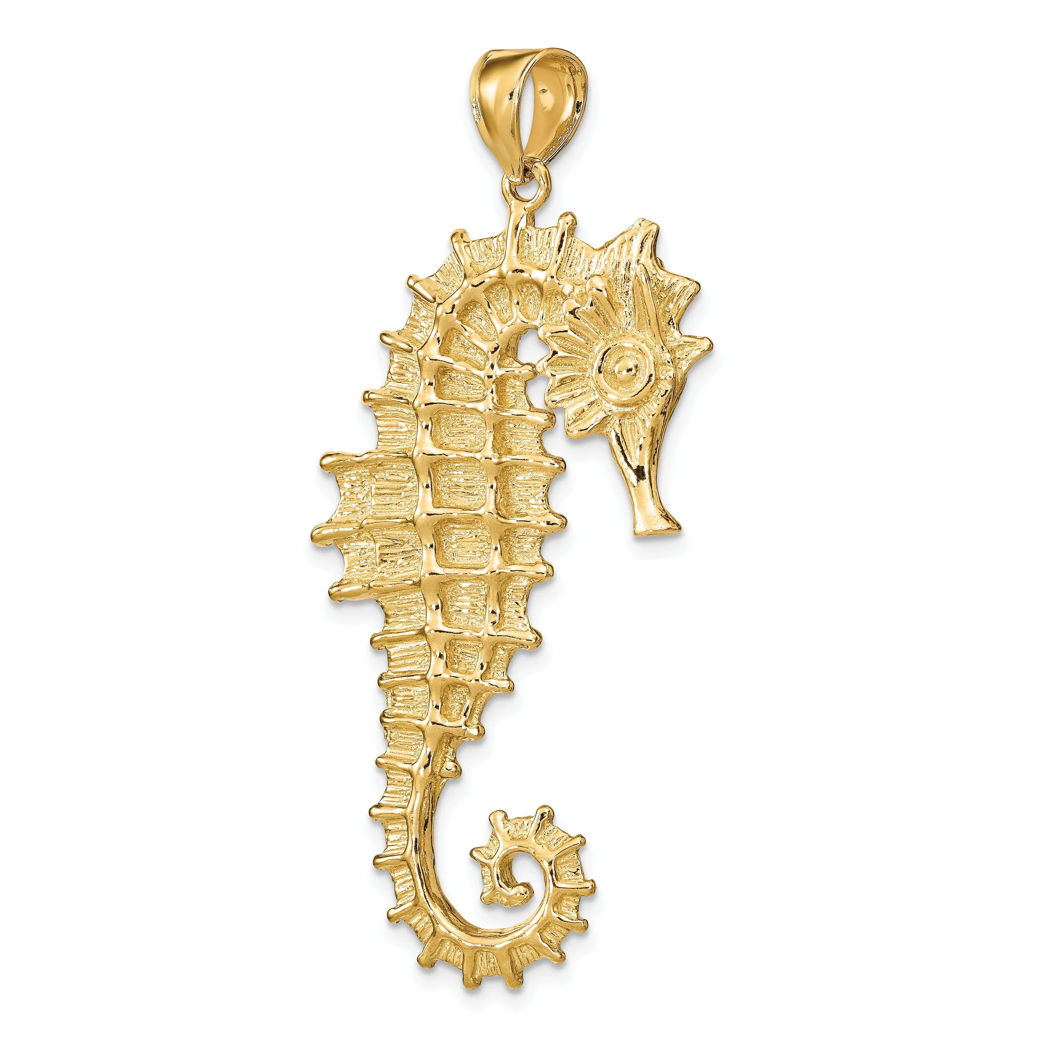 14K Yellow Gold Polished Textured Finish 3-Dimensional Seahorse Charm Pendant