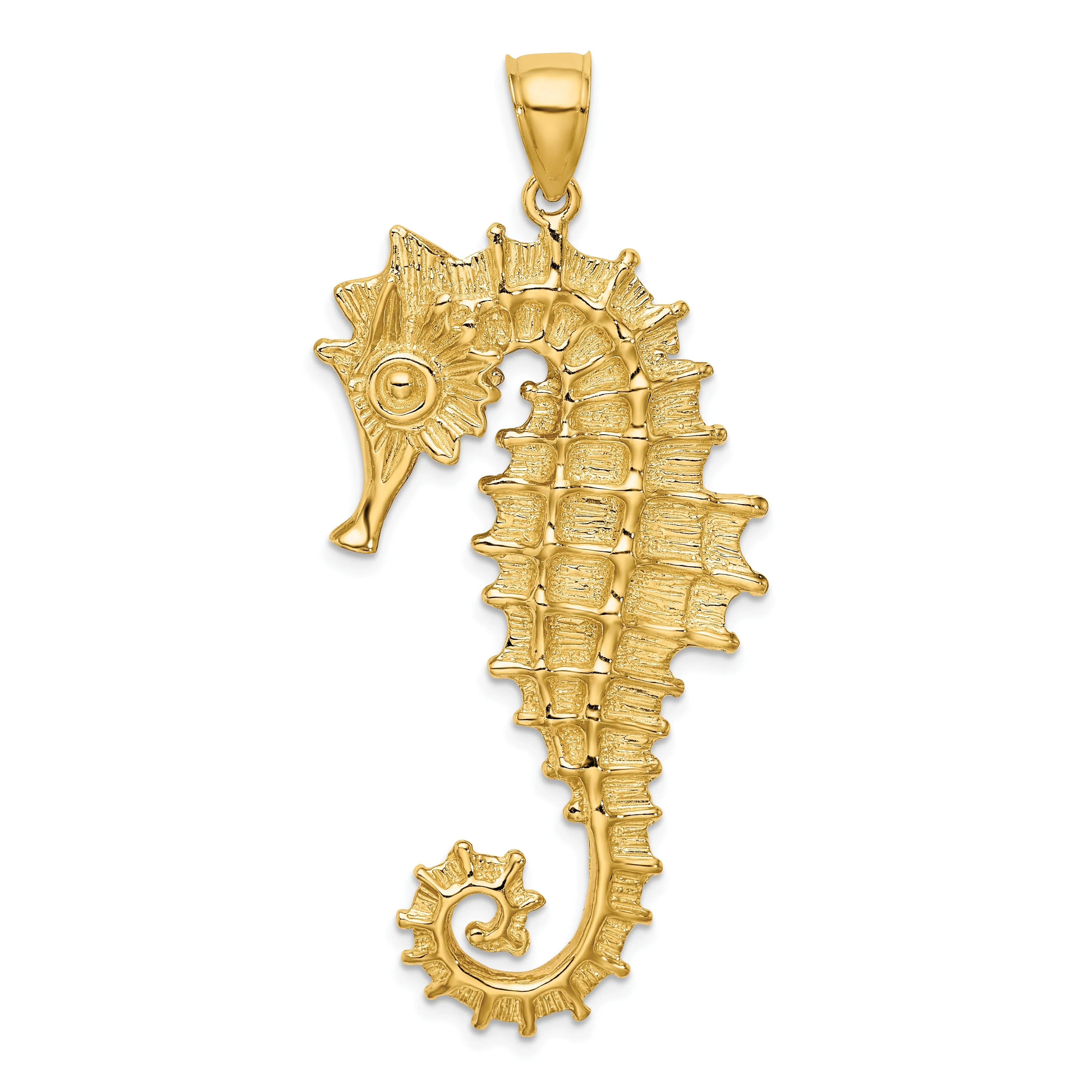 14K Yellow Gold Polished Textured Finish 3-Dimensional Seahorse Charm Pendant