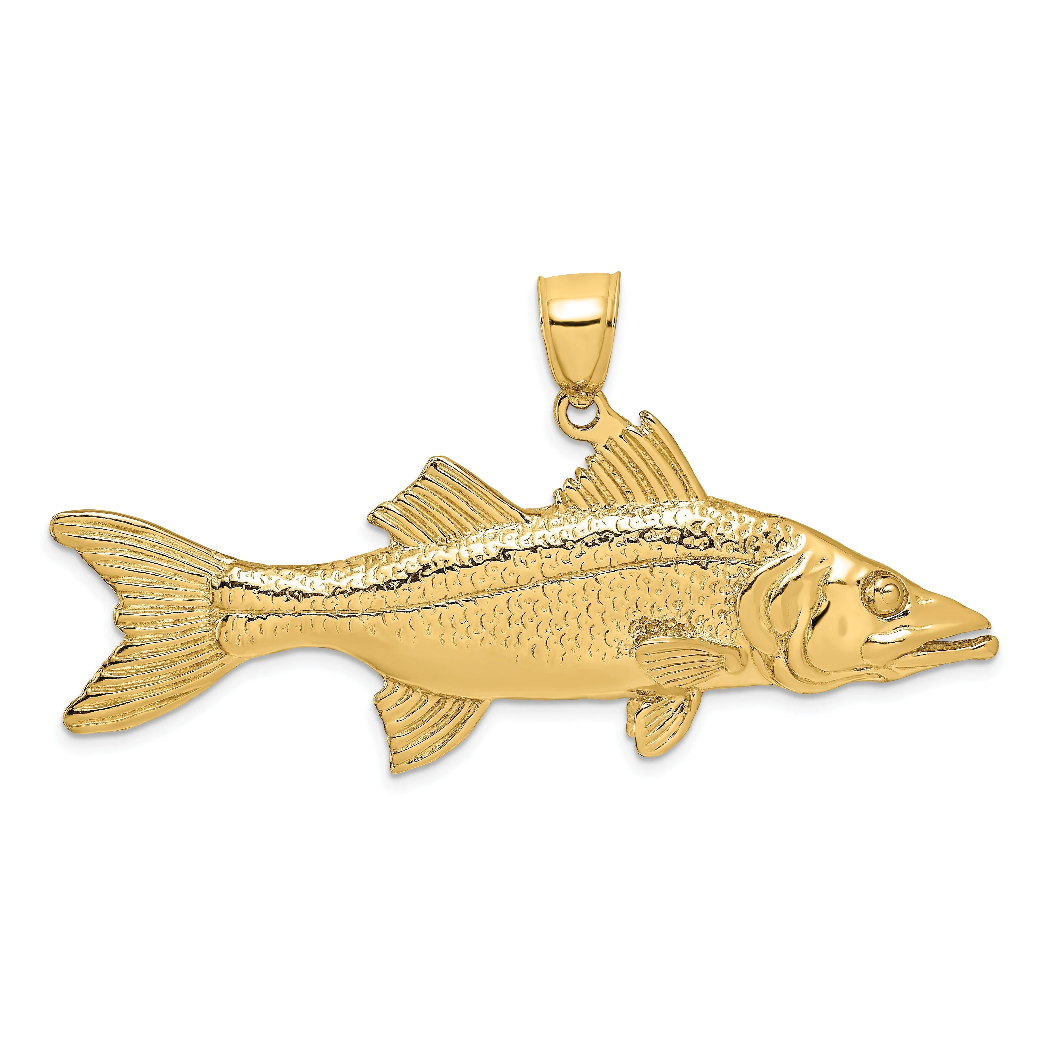 14K Yellow Gold Polished Textured Finish 3-Dimensional Snook Fish Charm Pendant