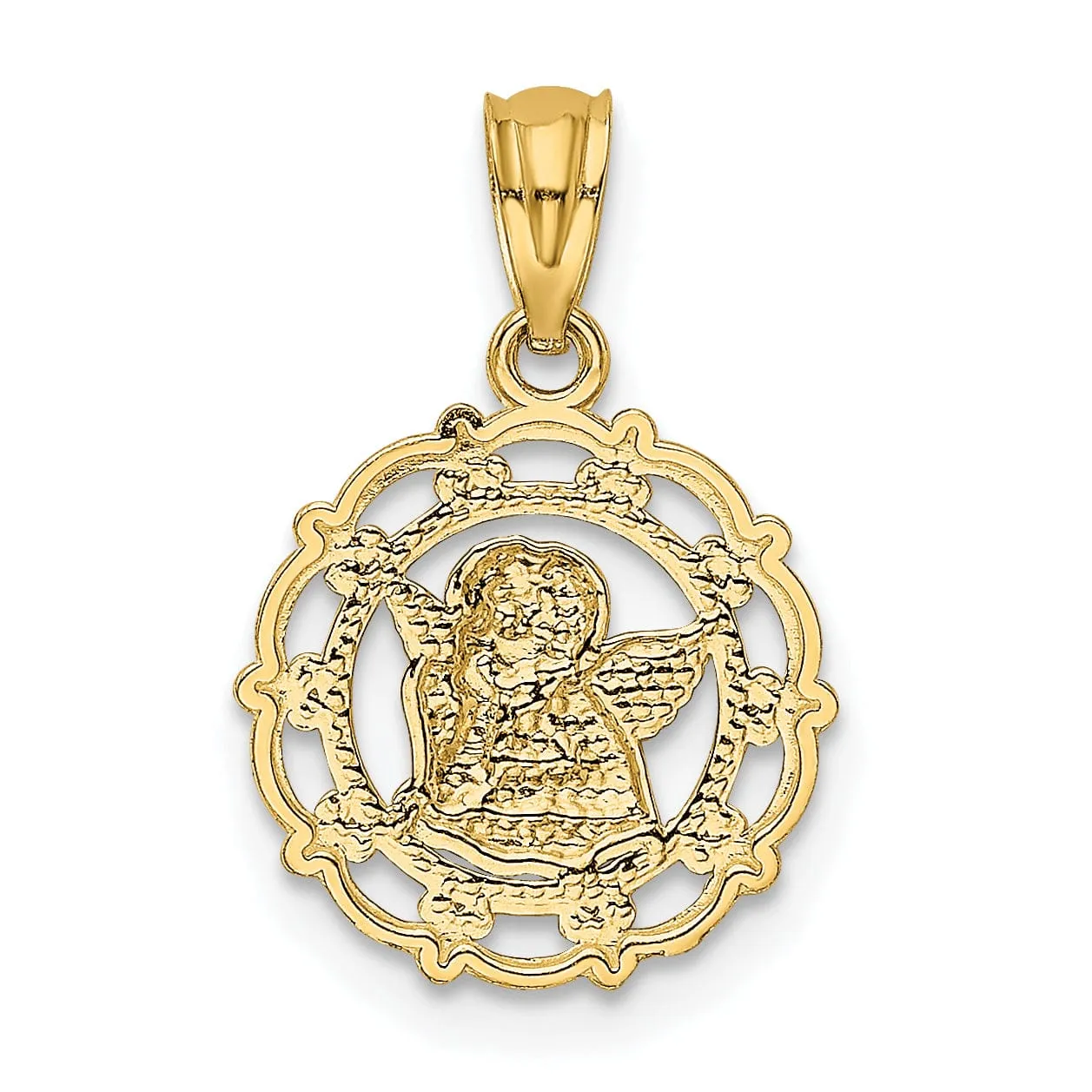 14K Yellow Gold Rhodium Angel Cherub On Concave Scallop Pendant