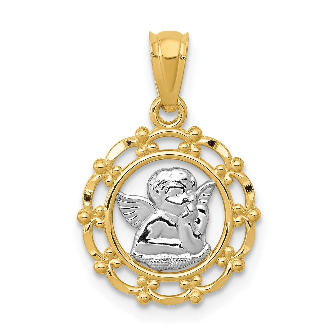 14K Yellow Gold Rhodium Angel Cherub On Concave Scallop Pendant