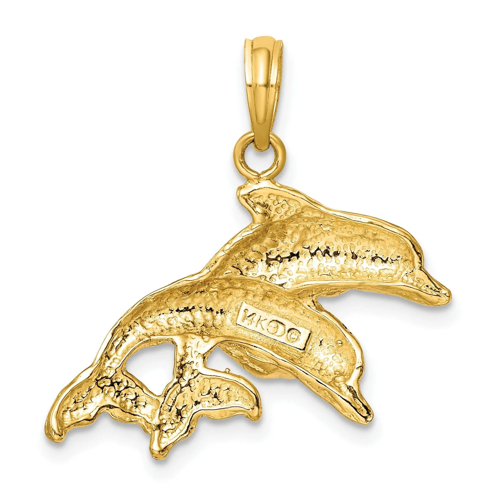 14K Yellow Gold Textured Solid Polished Finish 2-Dimensional Double Dolphins Charm Pendant