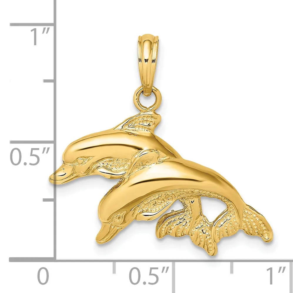 14K Yellow Gold Textured Solid Polished Finish 2-Dimensional Double Dolphins Charm Pendant