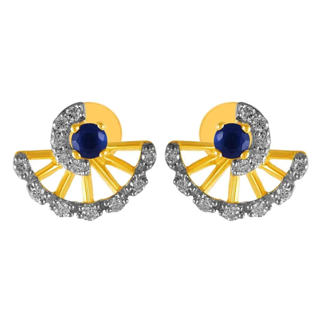 14KT (585) Yellow Gold & Diamond With Blue Stone Stud Earrings