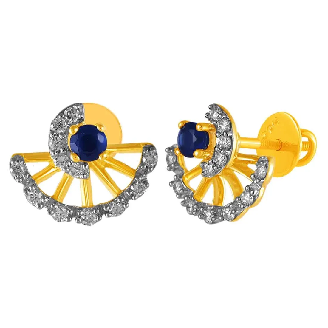 14KT (585) Yellow Gold & Diamond With Blue Stone Stud Earrings