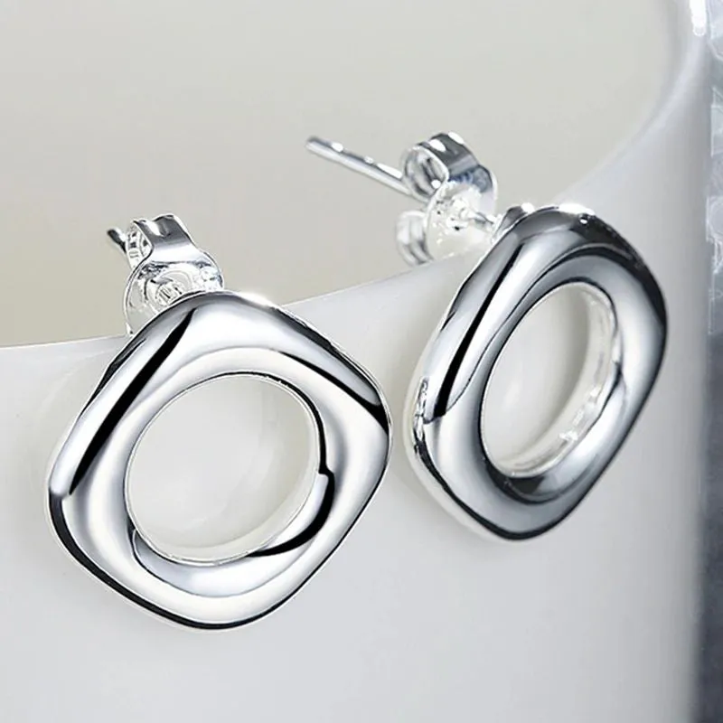 .925 Sterling Silver Square Round Push-back Stud Earrings