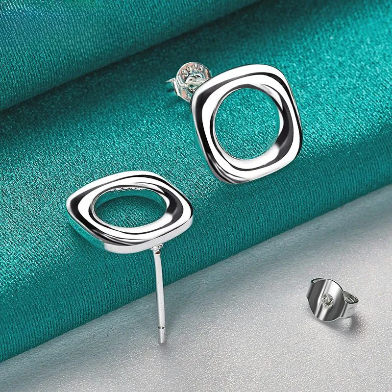 .925 Sterling Silver Square Round Push-back Stud Earrings