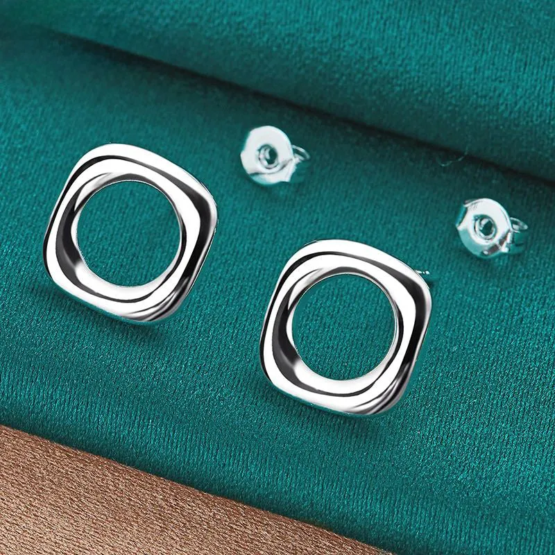 .925 Sterling Silver Square Round Push-back Stud Earrings