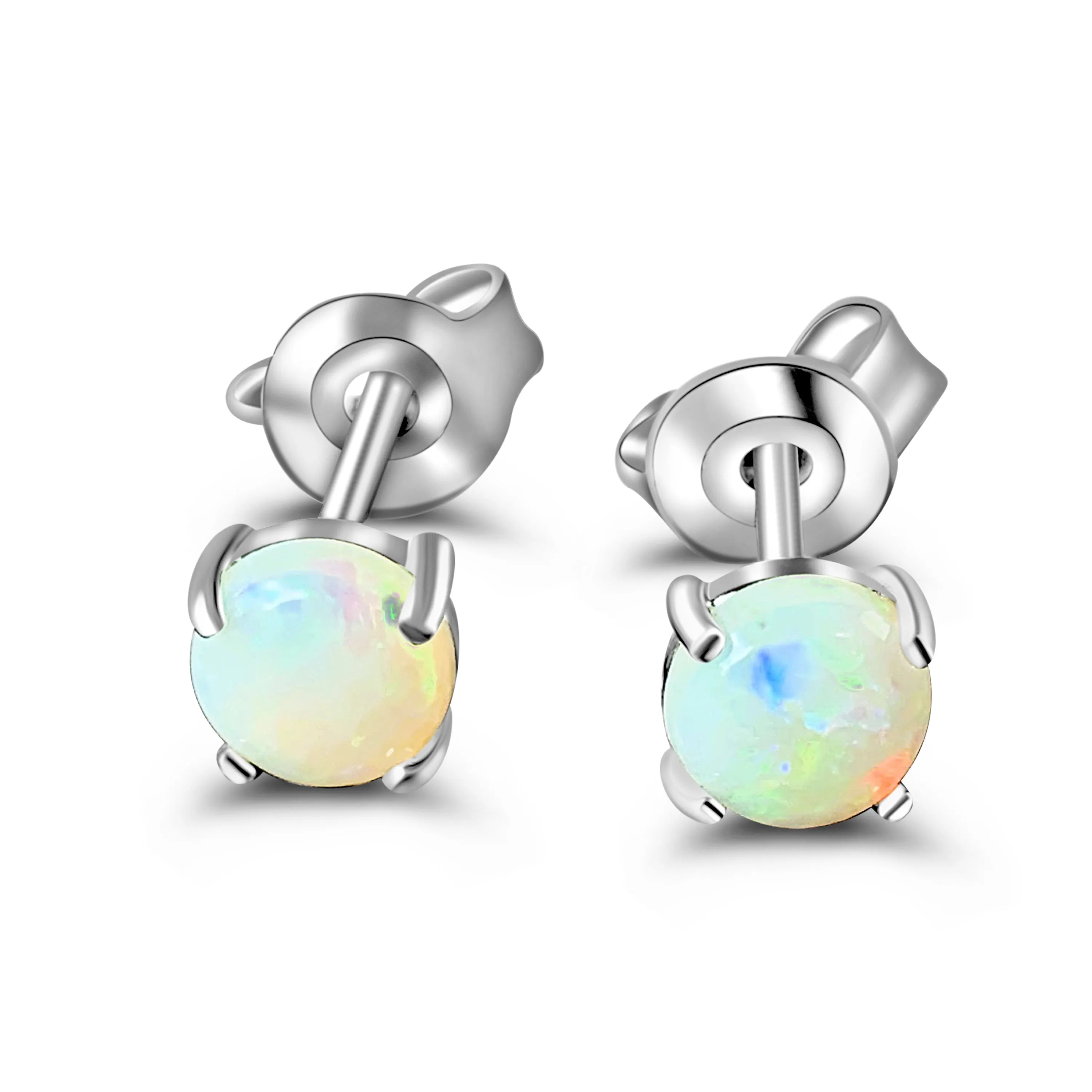 9KT White Gold Crystal Opal Stud Earrings, 3.5mm, Handmade Dainty Gift for Her, Birthstone Jewelry