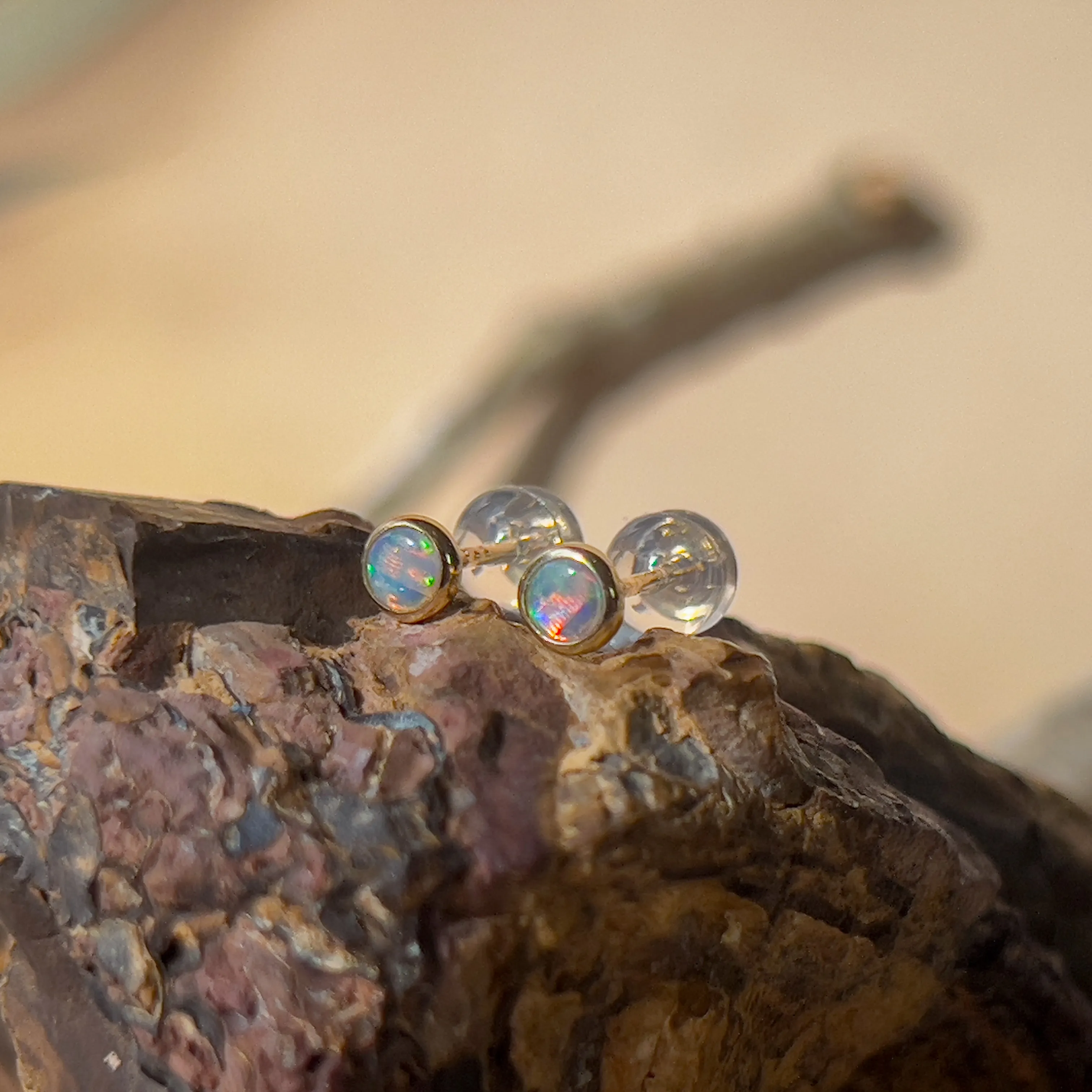 9KT Yellow Gold Crystal Opal Stud Earrings, 4mm, Handmade Dainty Gift for Her, Birthstone Jewelry