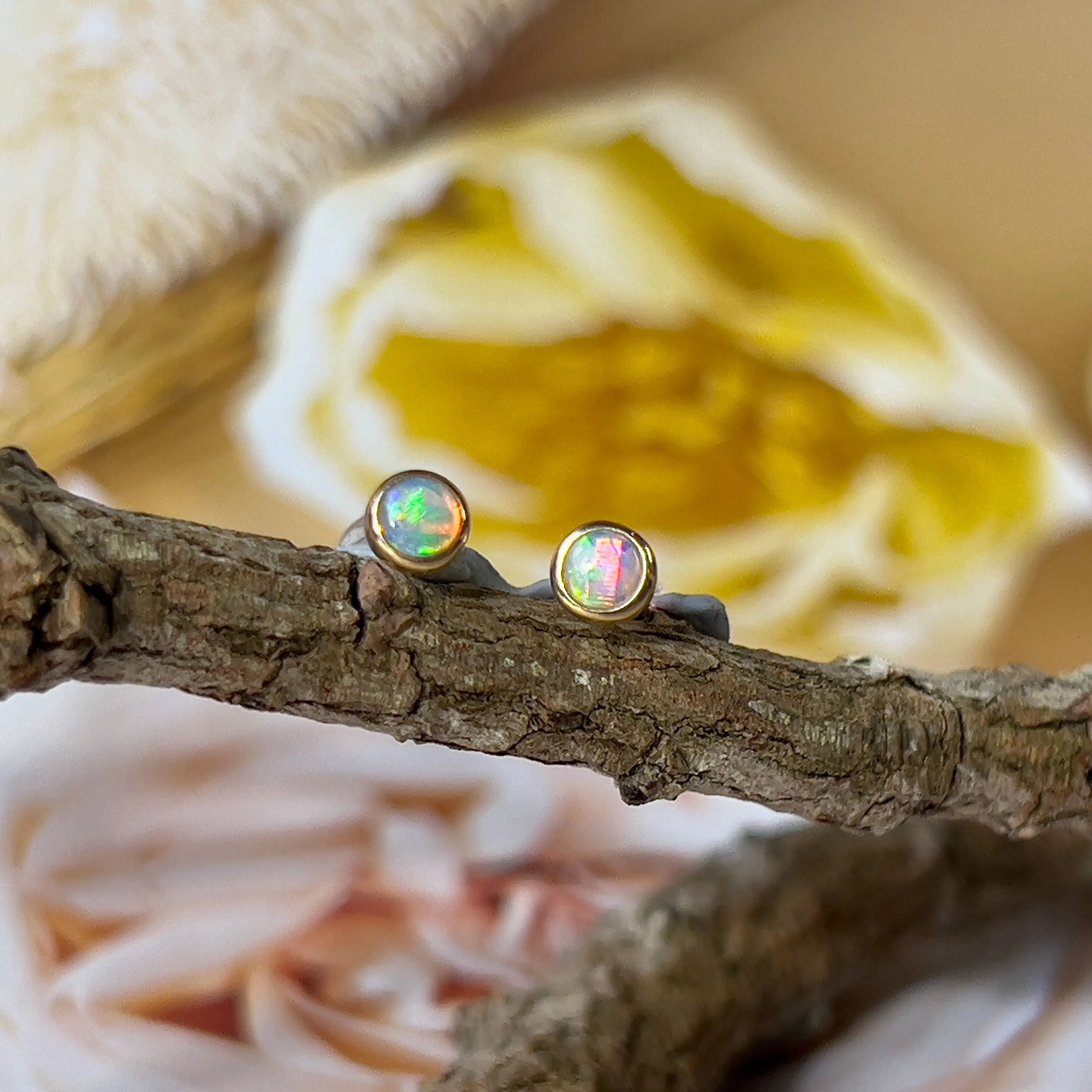 9KT Yellow Gold Crystal Opal Stud Earrings, 4mm, Handmade Dainty Gift for Her, Birthstone Jewelry