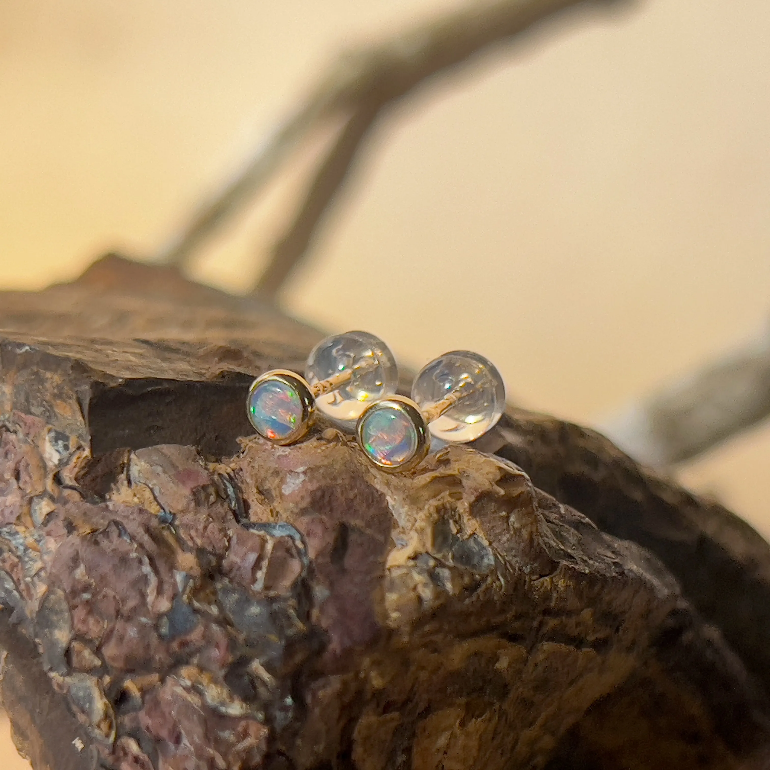 9KT Yellow Gold Crystal Opal Stud Earrings, 4mm, Handmade Dainty Gift for Her, Birthstone Jewelry