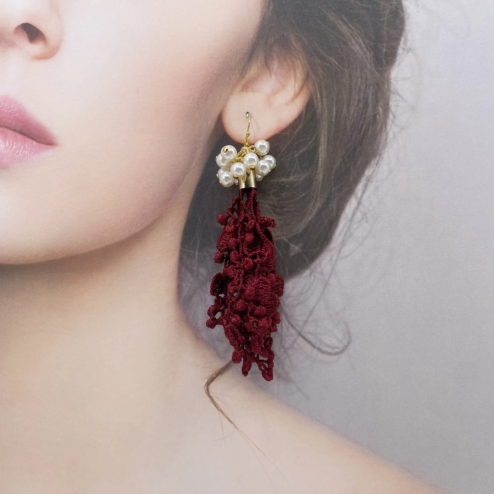 Asymmetrical Crimson Lace Earrings