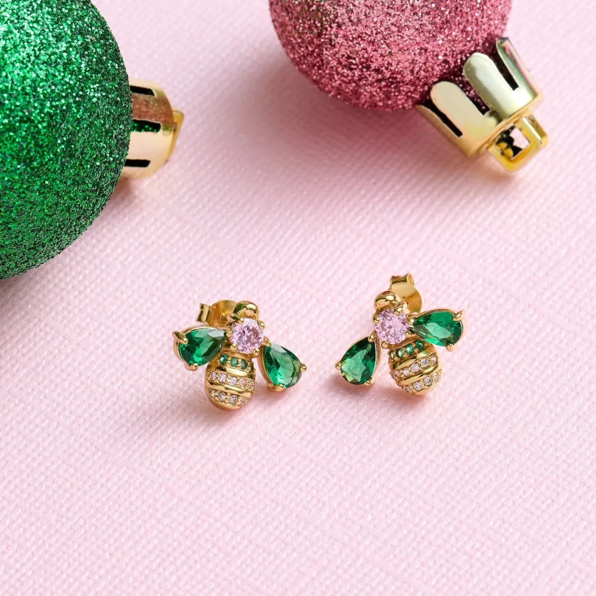 Beatrice Jewelled Bee Stud Earrings Blush Pink, Emerald Green and Gold