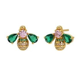 Beatrice Jewelled Bee Stud Earrings Blush Pink, Emerald Green and Gold