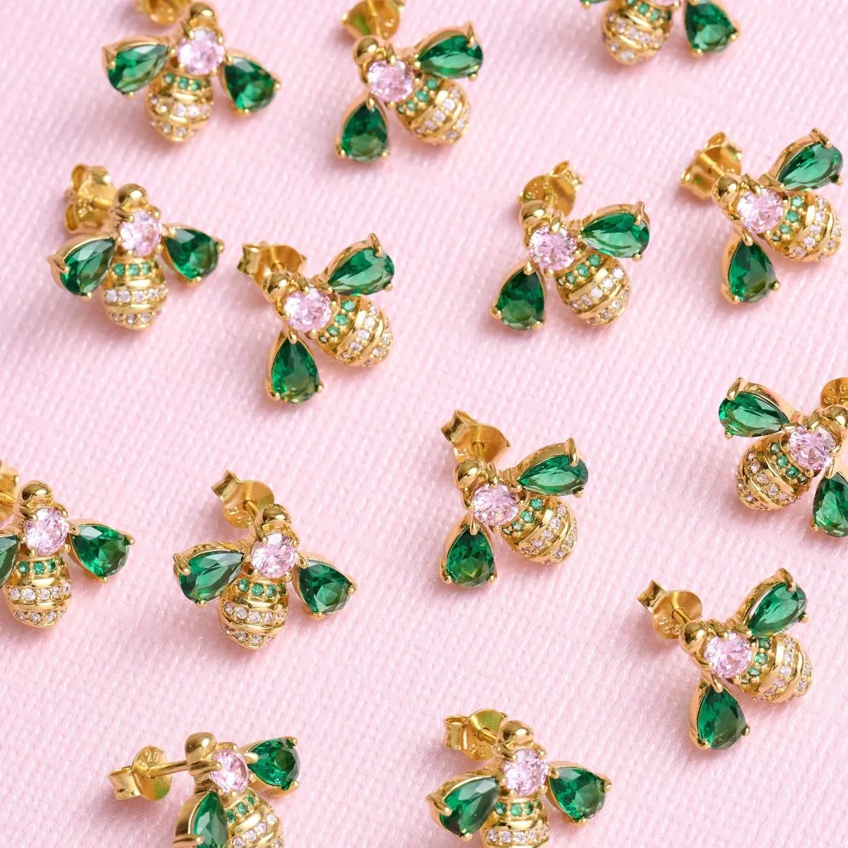 Beatrice Jewelled Bee Stud Earrings Blush Pink, Emerald Green and Gold