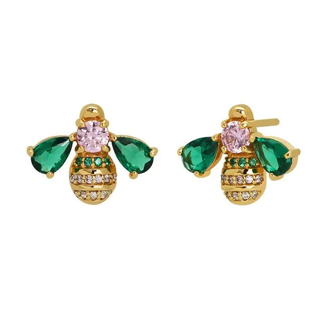 Beatrice Jewelled Bee Stud Earrings Blush Pink, Emerald Green and Gold