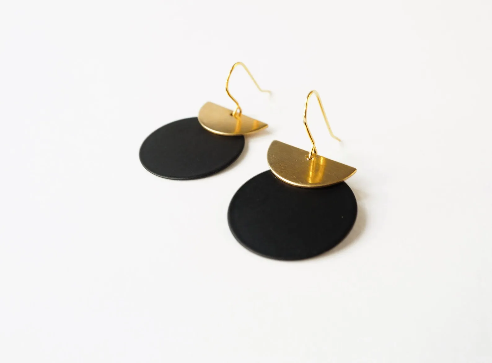 Brass Crescent and Black Disc Earrings