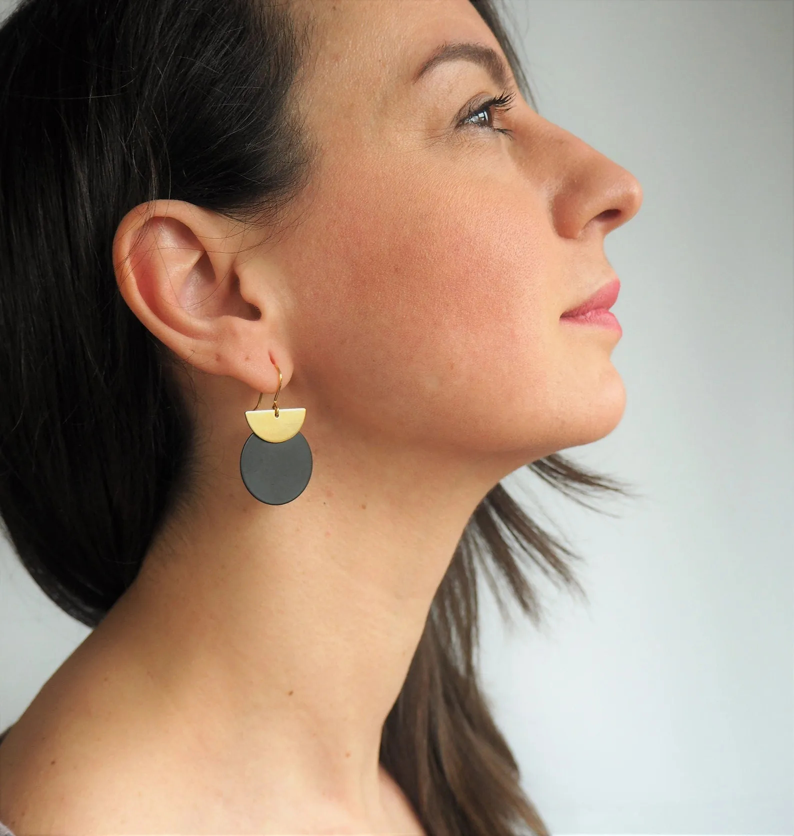 Brass Crescent and Black Disc Earrings