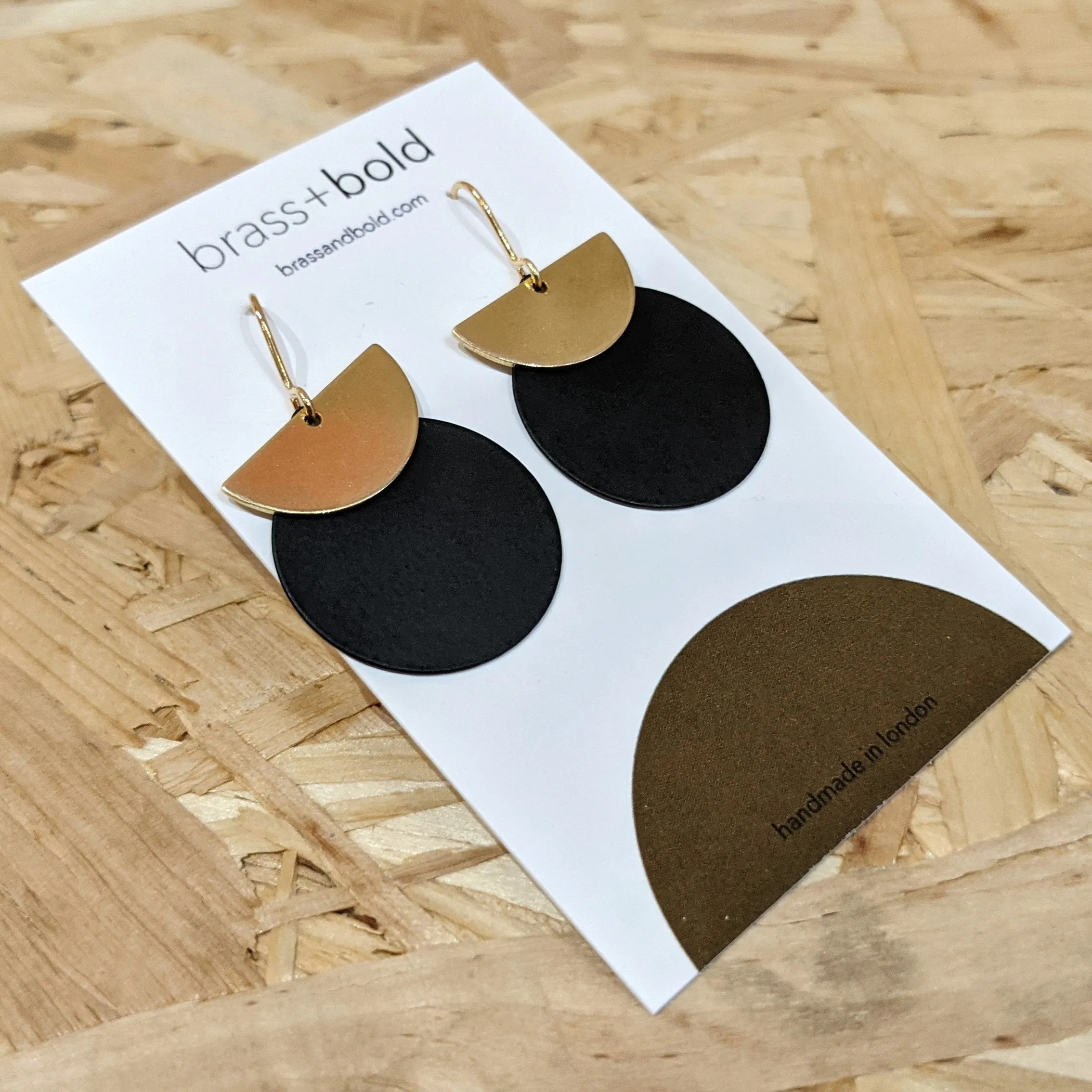 Brass Crescent and Black Disc Earrings