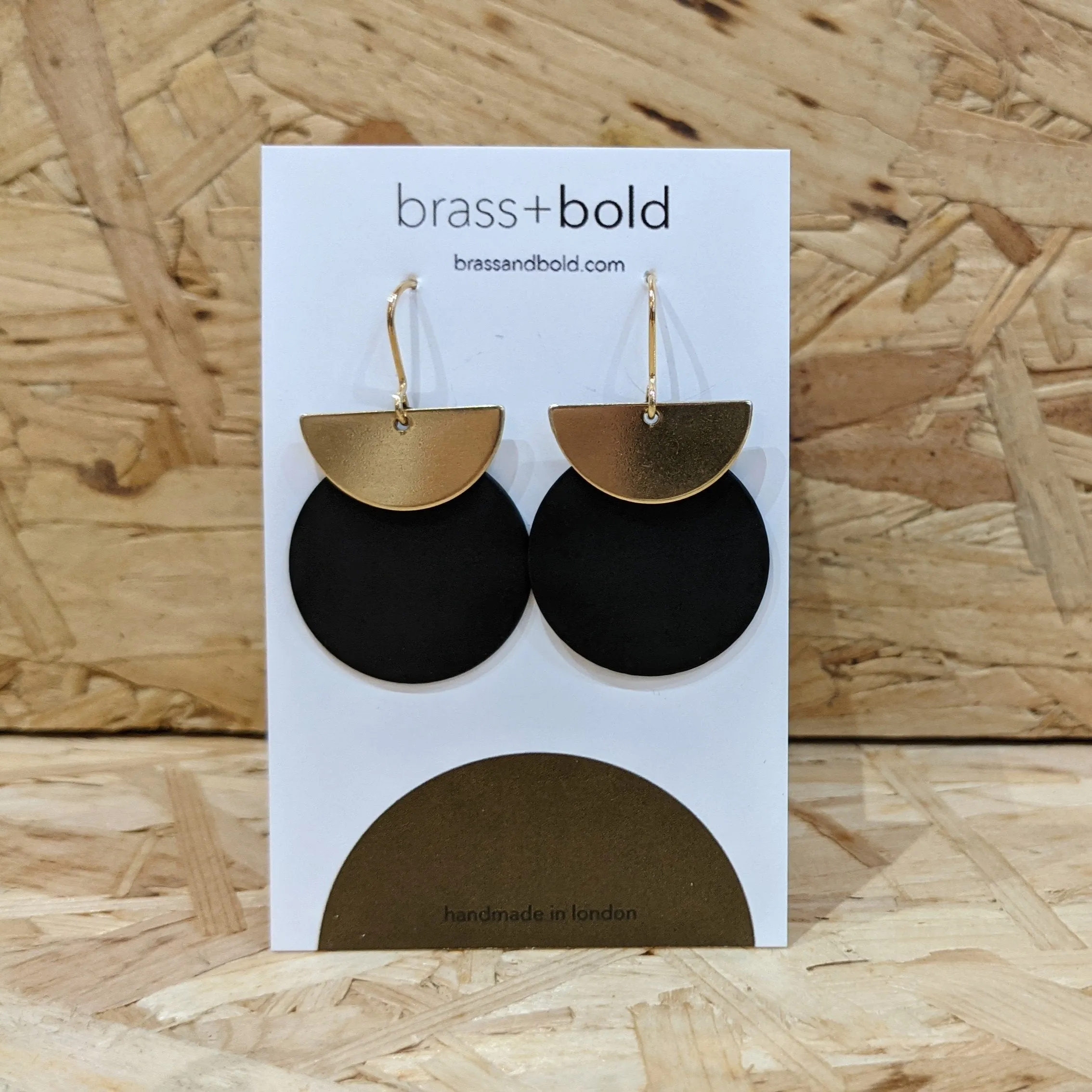 Brass Crescent and Black Disc Earrings