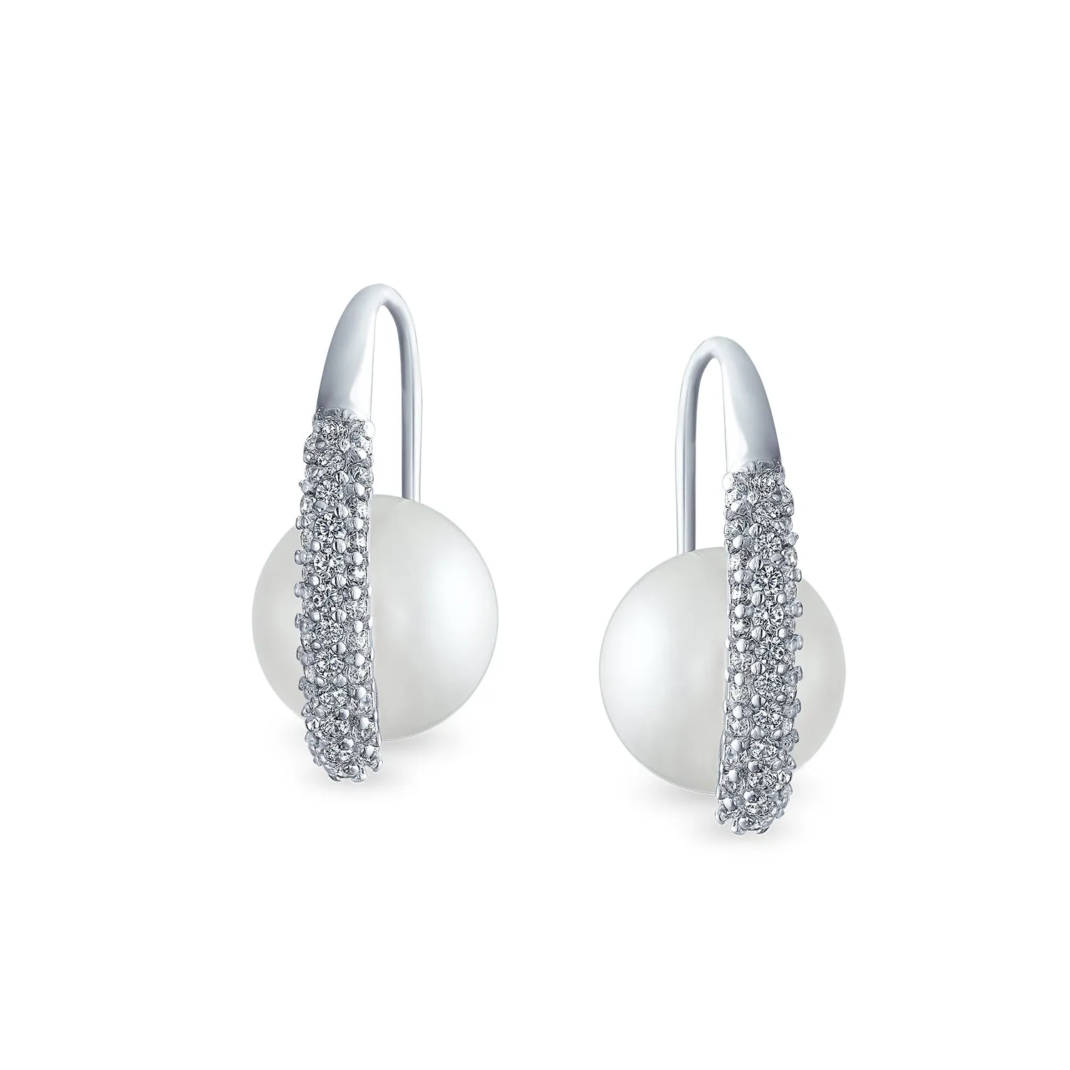 Bridal White Pearl Dangle Chandelier Earrings with CZ Pave and Silver Plating