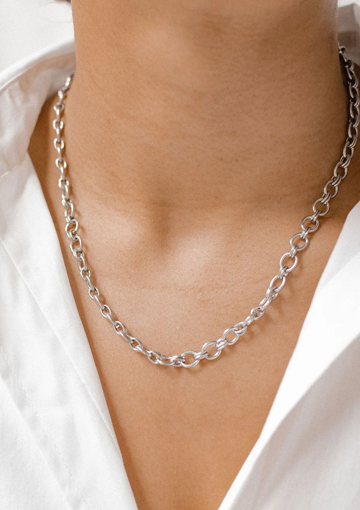 Chunky Double Cable Chain Necklace Silver