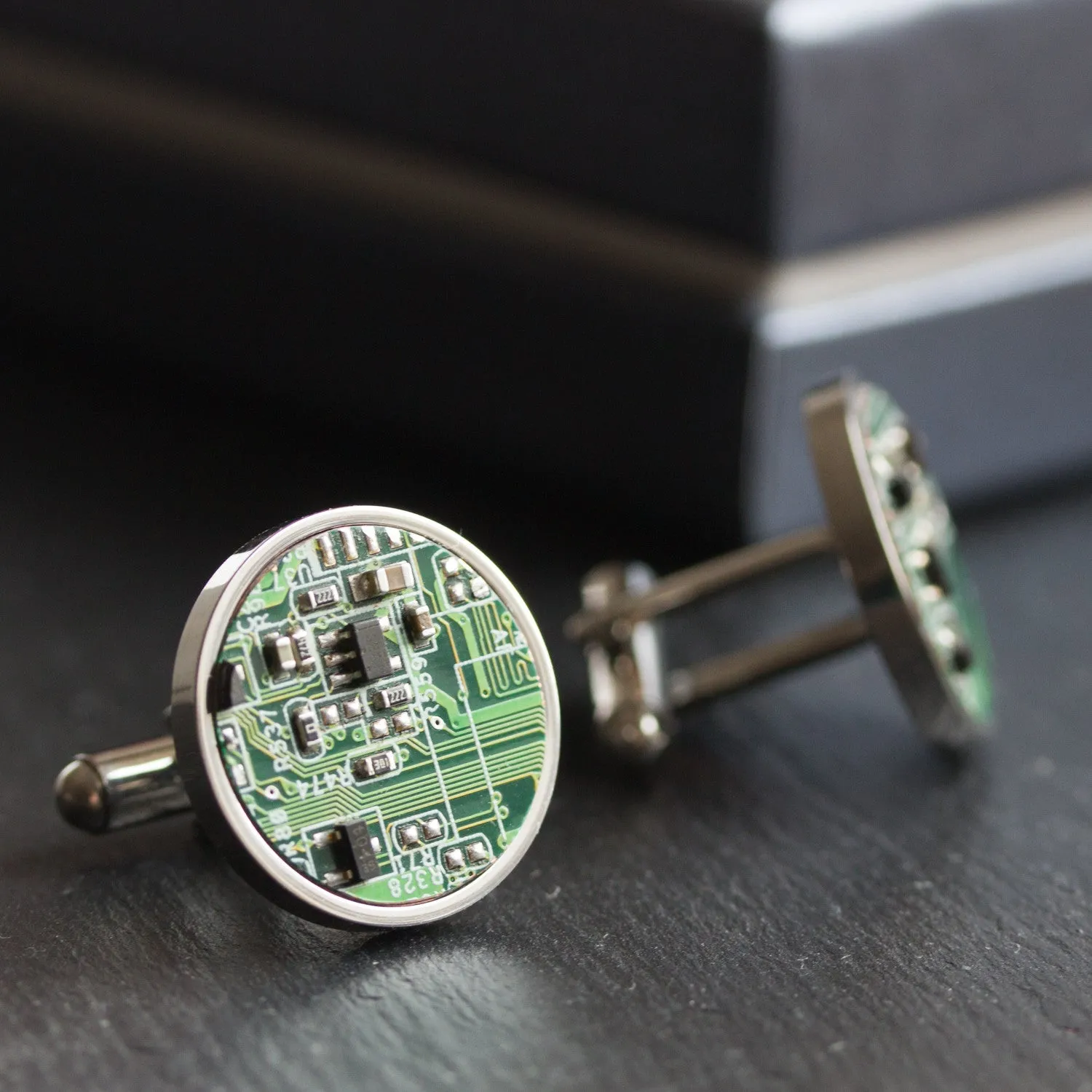 Circuit board cufflinks in stainless steel (no resin coating)