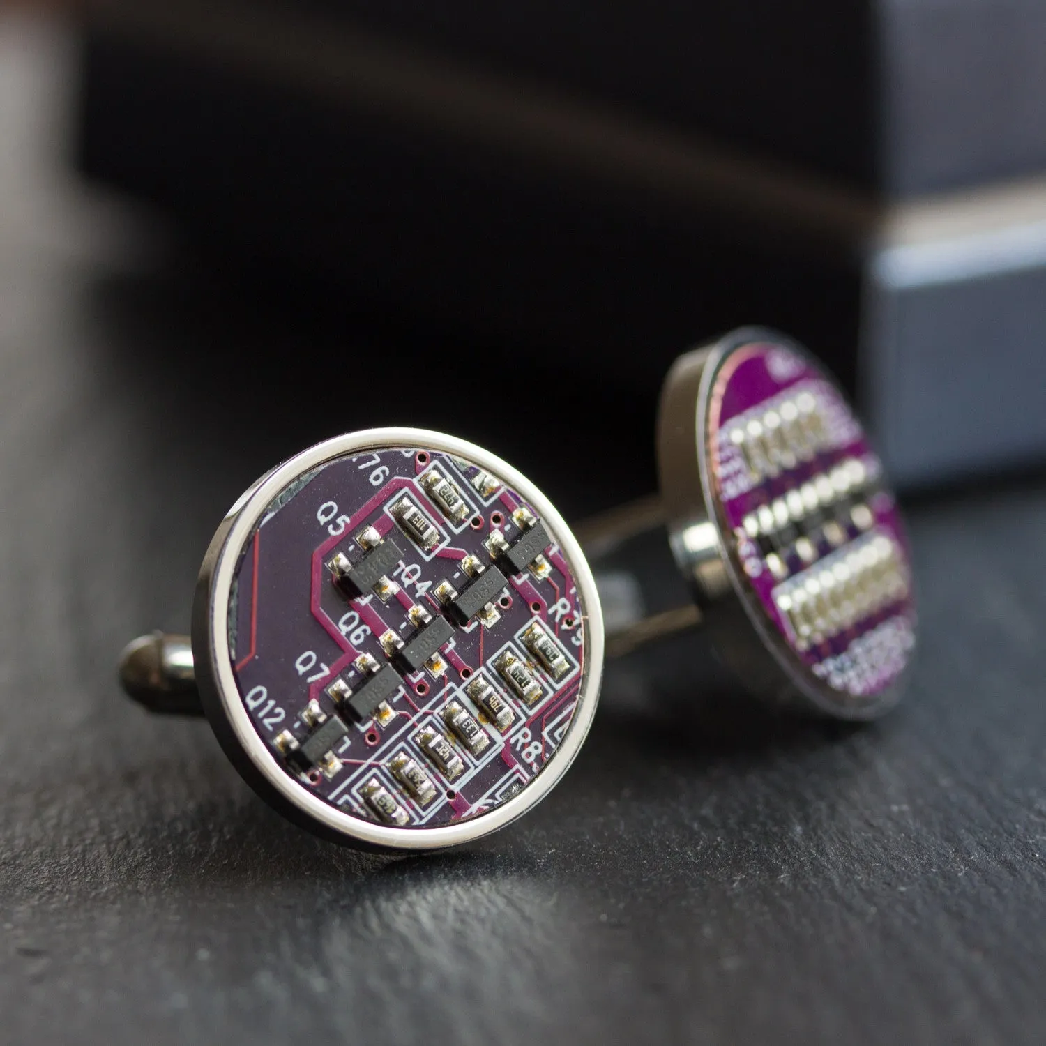 Circuit board cufflinks in stainless steel (no resin coating)