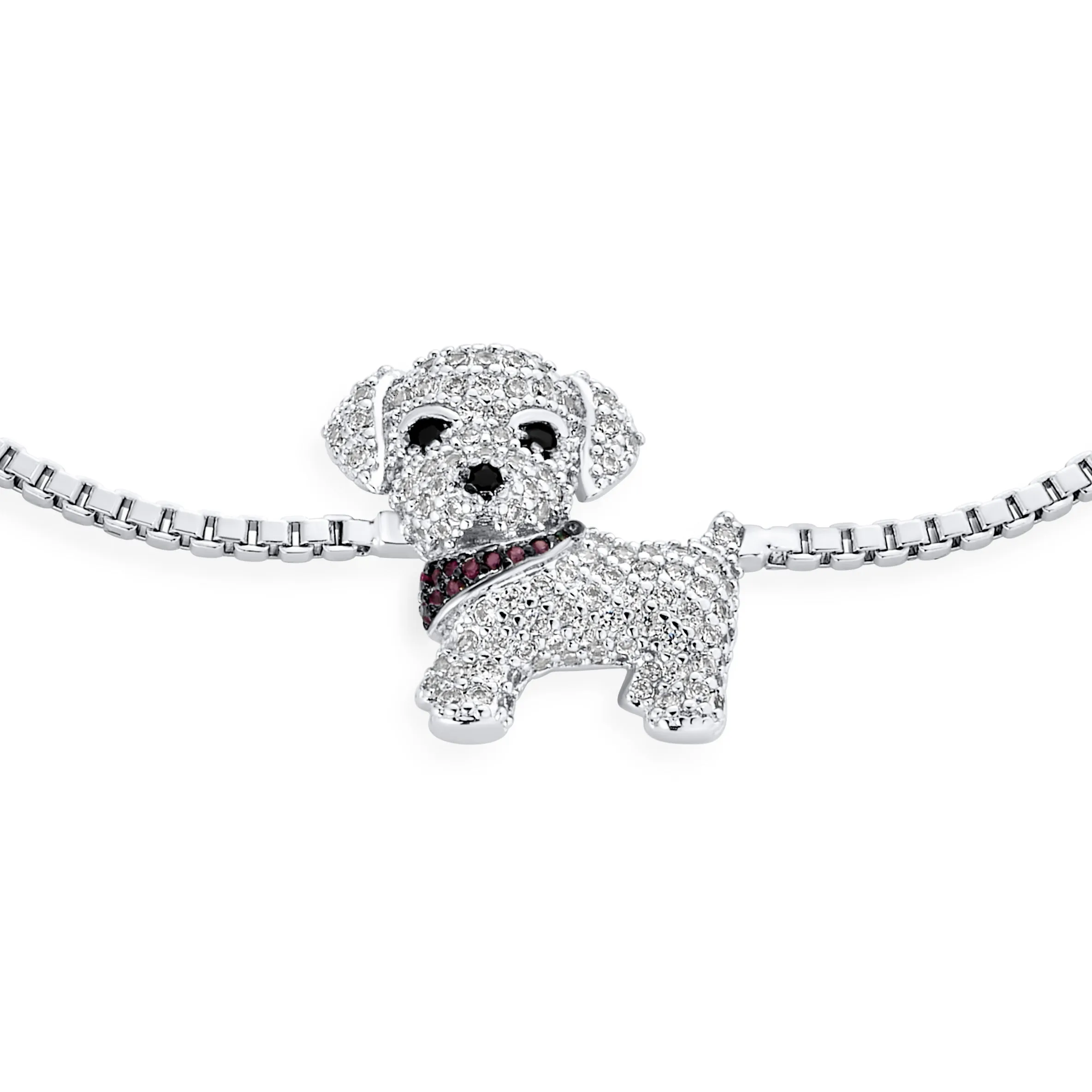 Cubic Zirconia CZ Puppy Dog Bolo Bracelet with Silver Plated Sliding Clasp