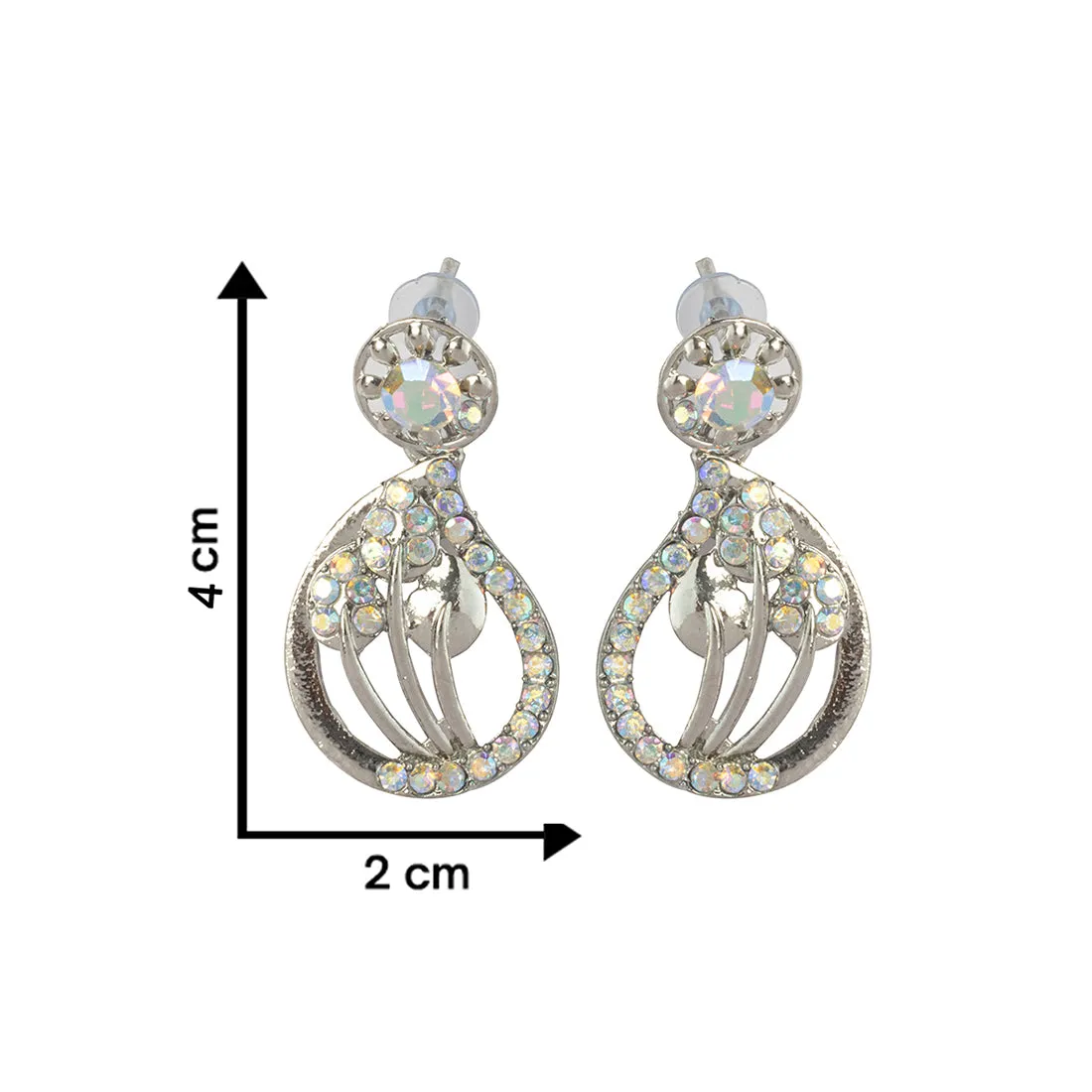 Elegant Silver Tear-Drop-Shaped Studs, Intricate Flower Design, Diamonti Filigree