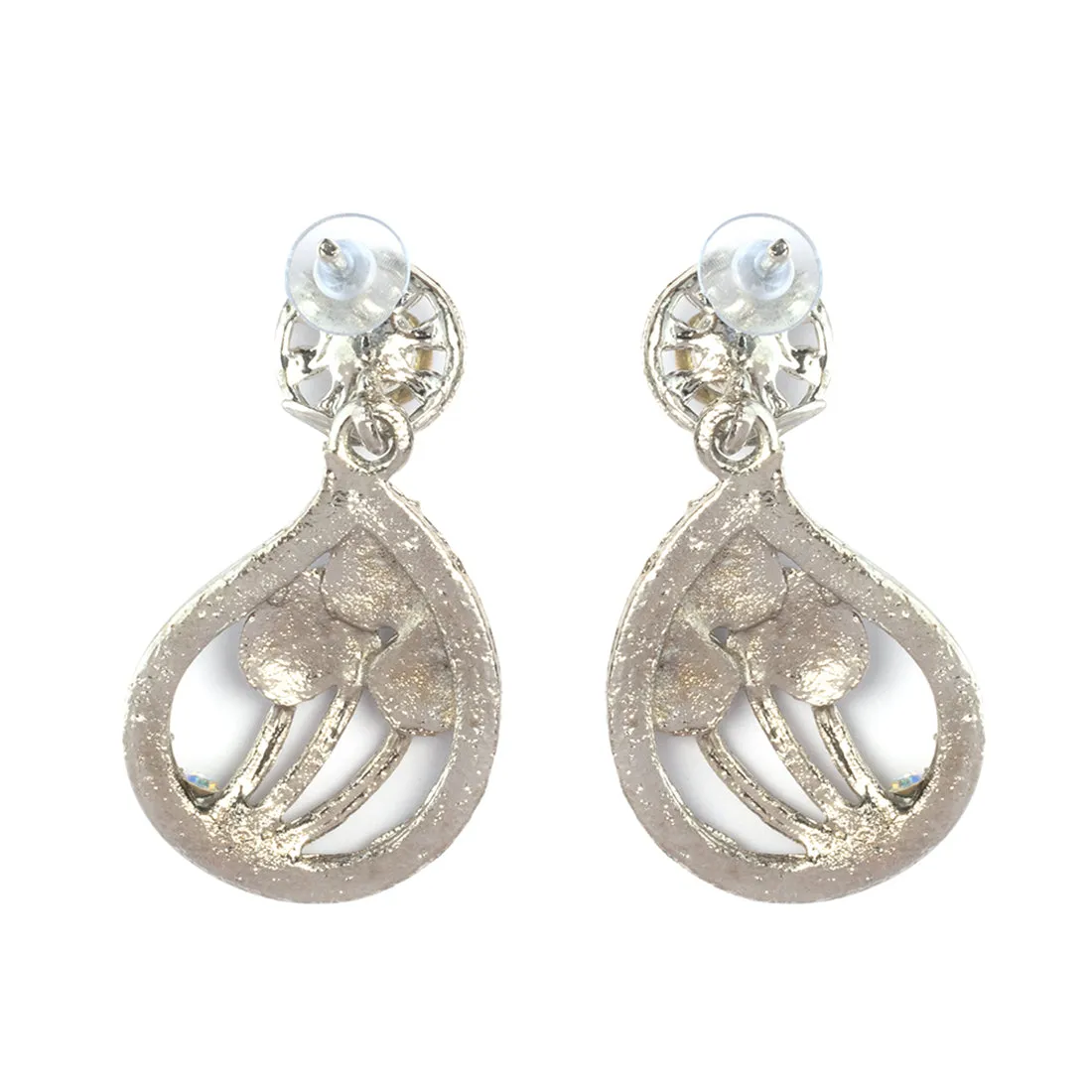 Elegant Silver Tear-Drop-Shaped Studs, Intricate Flower Design, Diamonti Filigree