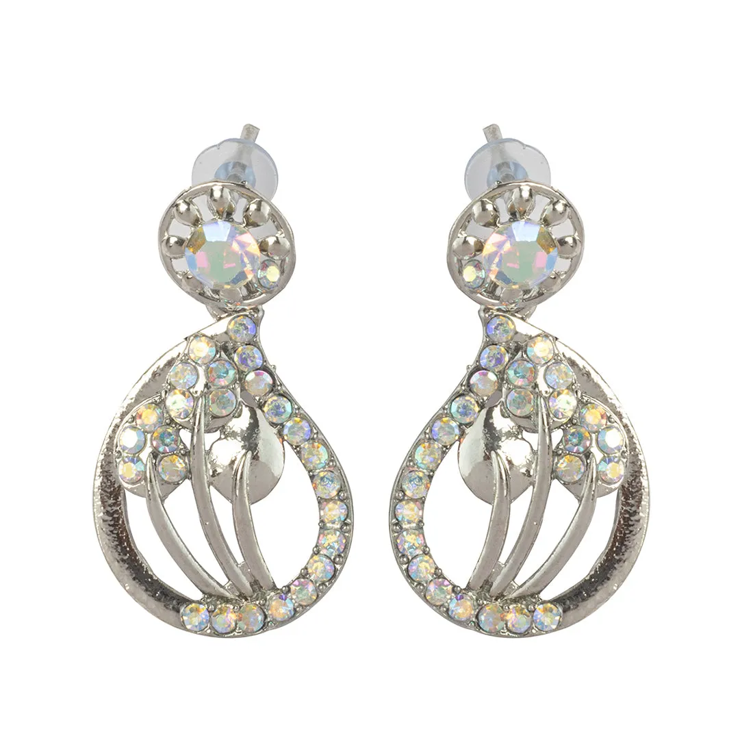 Elegant Silver Tear-Drop-Shaped Studs, Intricate Flower Design, Diamonti Filigree