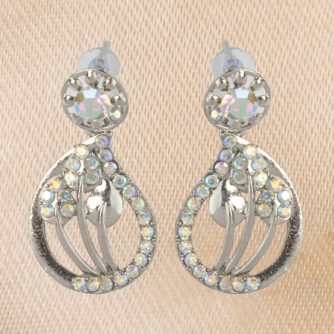 Elegant Silver Tear-Drop-Shaped Studs, Intricate Flower Design, Diamonti Filigree