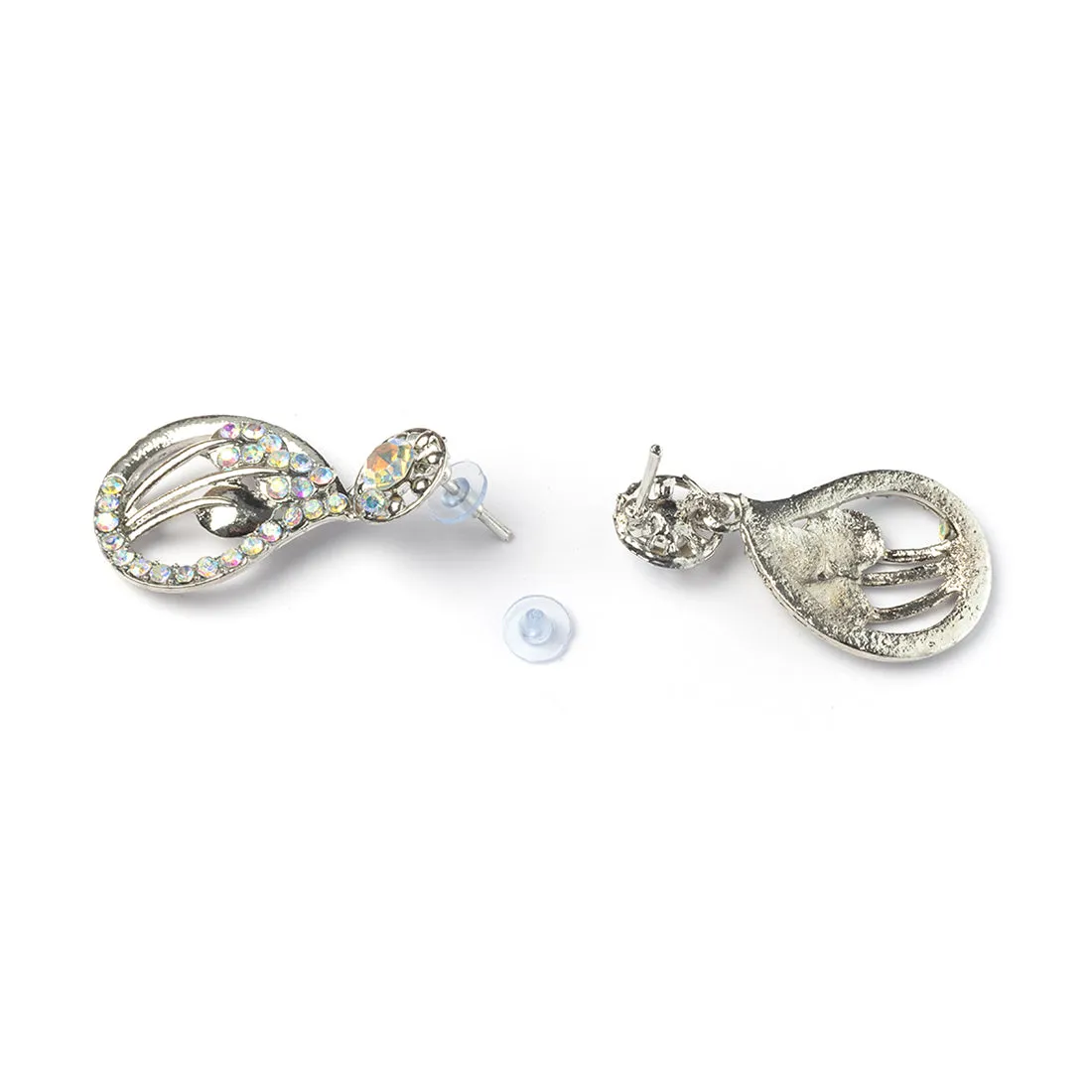 Elegant Silver Tear-Drop-Shaped Studs, Intricate Flower Design, Diamonti Filigree