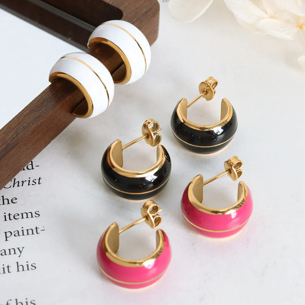 French Luxury C-Shaped Enamel Earrings with 18K Gold Plating