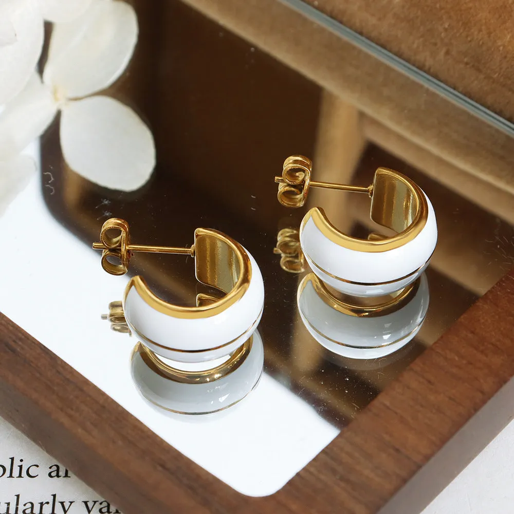 French Luxury C-Shaped Enamel Earrings with 18K Gold Plating