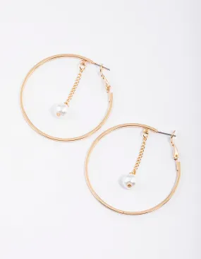 Gold Hanging Pearl Chain Hoop Earrings