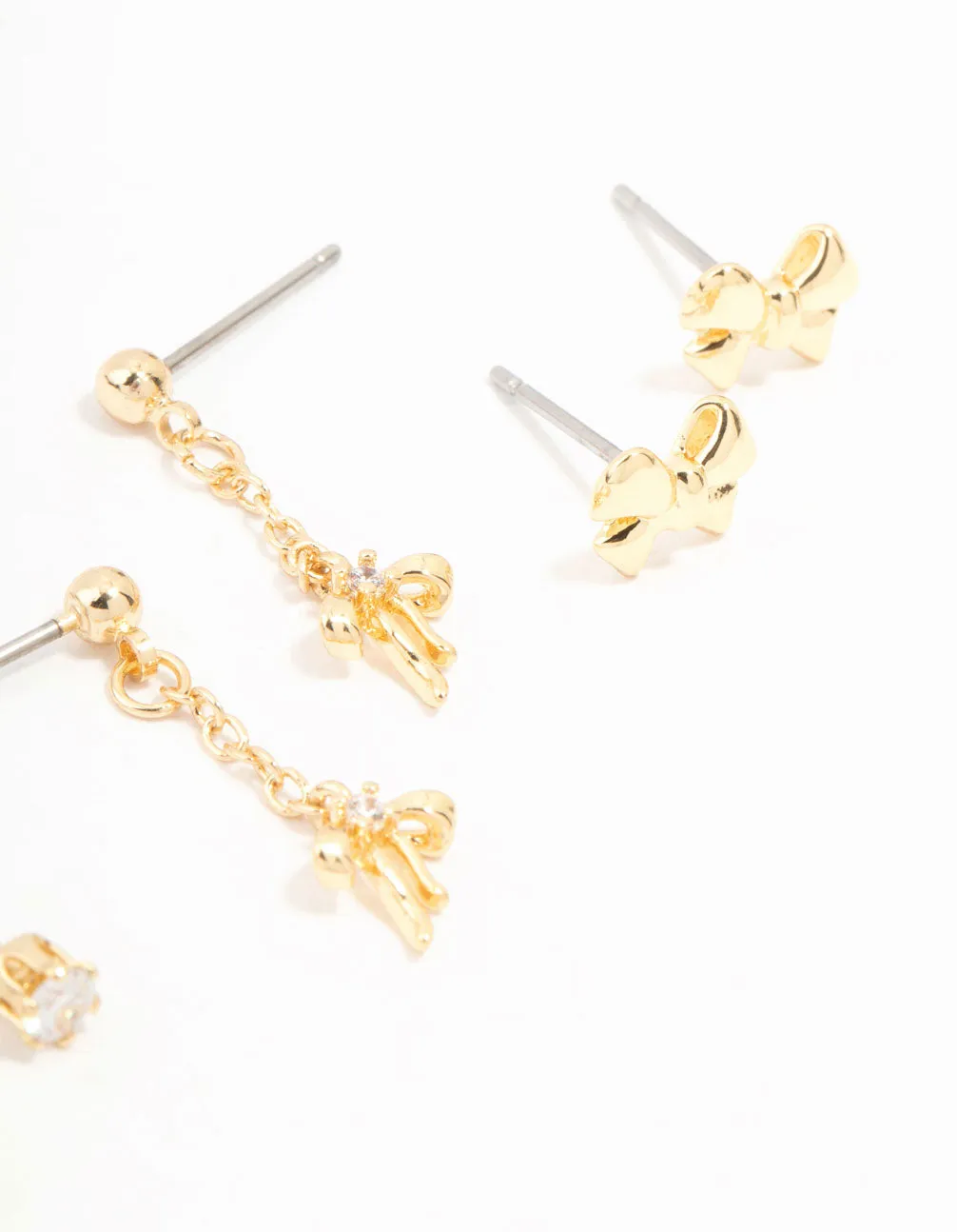 Gold Plated Mini Cubic Zirconia Bow Drop Earrings 3-Pack