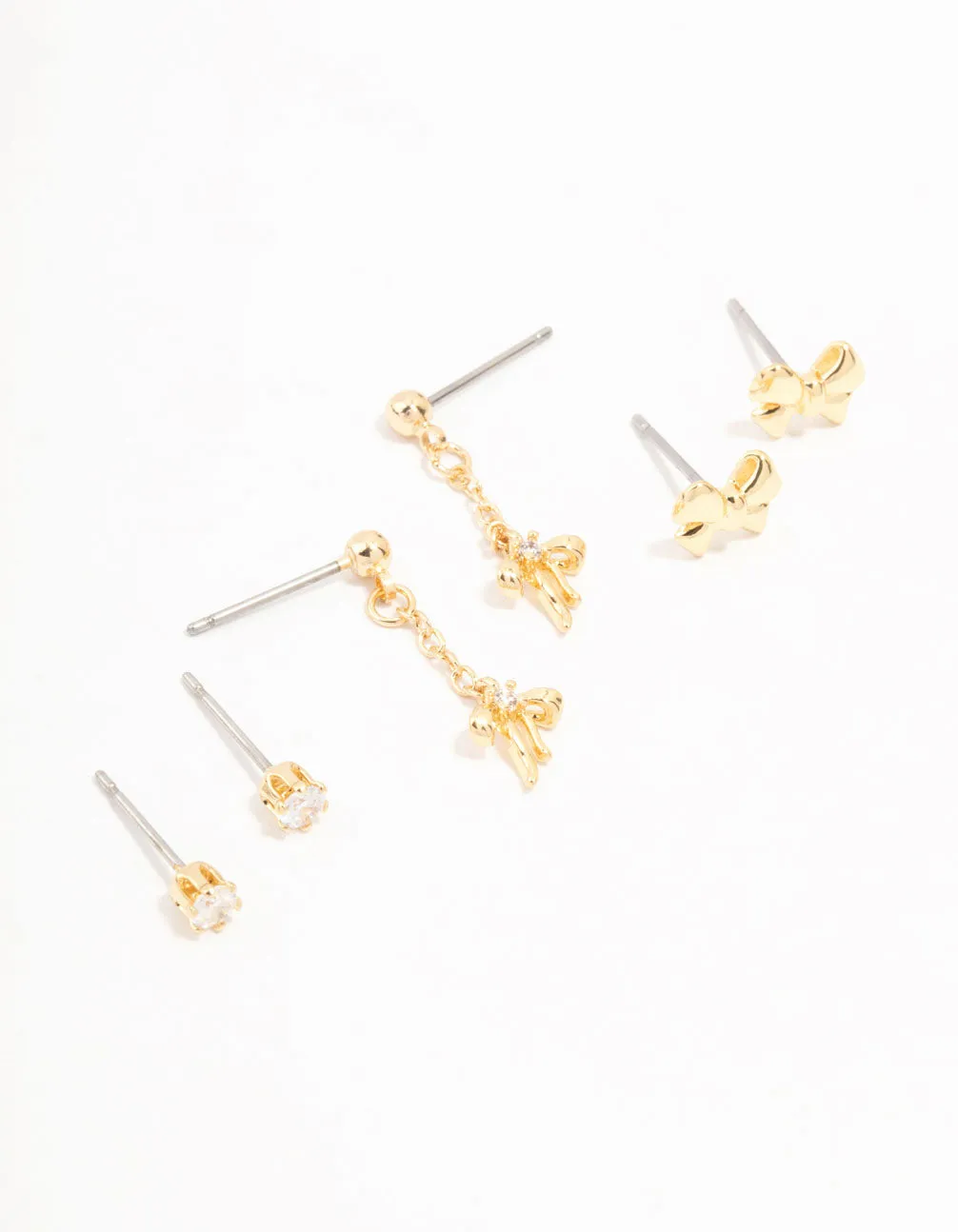 Gold Plated Mini Cubic Zirconia Bow Drop Earrings 3-Pack