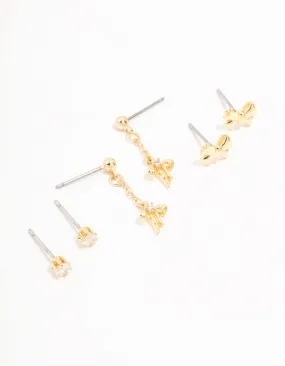 Gold Plated Mini Cubic Zirconia Bow Drop Earrings 3-Pack