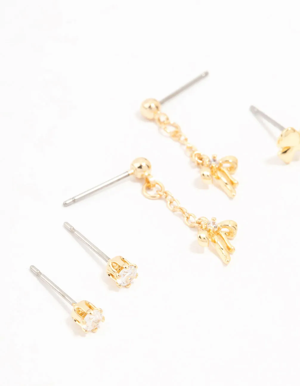 Gold Plated Mini Cubic Zirconia Bow Drop Earrings 3-Pack